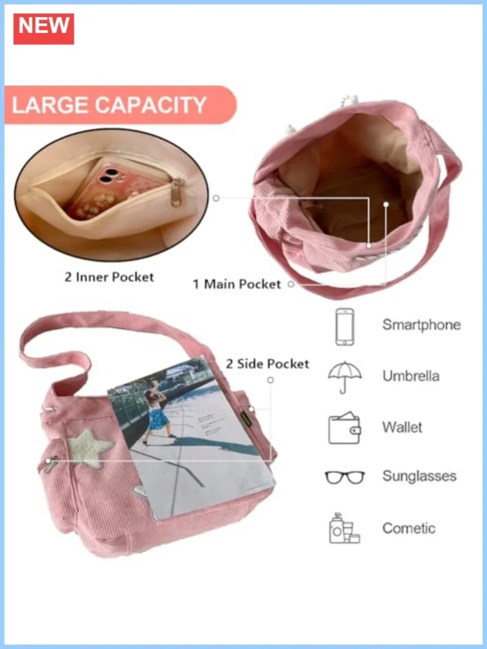 Corduroy Crossbody Hobo Tote Bag Large Capacity Zip Messenger Shoulder Bag